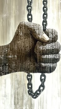 Struggling fist holds heavy chains covered in binary code, symbolizing tech and data conflict. Evokes themes of censorship and digital rights