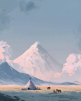 Serene scenery of a snowy mountain, tent and horses in peaceful wilderness.