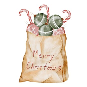Christmas tree and toys in a craft bag watercolor. Bag of toys. Evergreen plant in paper packaging on a white background. Ideal for New Year and Christmas cards and posters. High quality photo