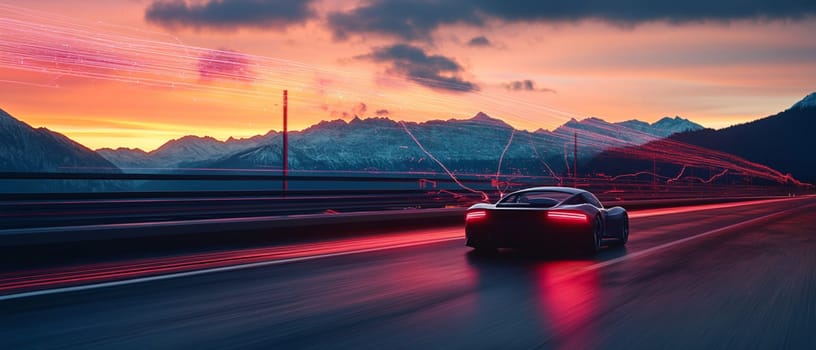Futuristic autonomous car is speeding on a highway in the mountains with motion blur light trails behind it at sunset