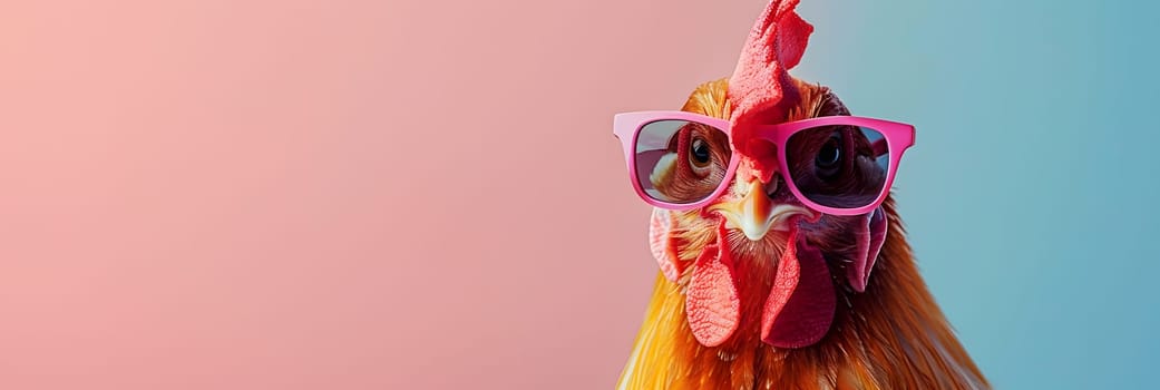 A rooster is wearing magenta sunglasses while surrounded by pink and blue petals on a vibrant background. This artistic piece exudes a happy and entertaining vibe, perfect for a performing arts event