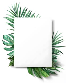 White paper surrounded by tropical palm and monstera leaves on white background