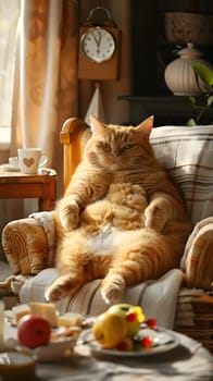 A Felidae cat with orange fur is comfortably sitting on a chair in front of a clock. Its whiskers twitch as it gazes around the room, enjoying the serenity of the moment