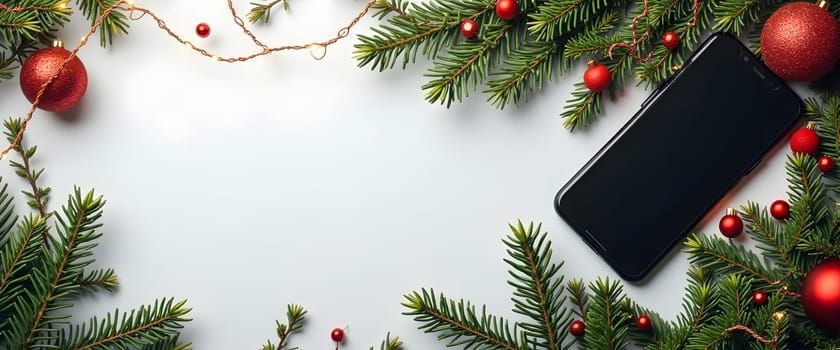 A smartphone with coniferous branches, balls and lights that create a cozy Christmas atmosphere