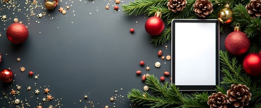 An e-book with coniferous branches, balls and lights that create a cozy Christmas atmosphere
