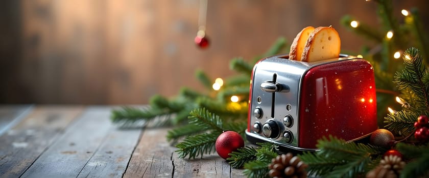 A toaster with coniferous branches, balls and lights, creating a cozy Christmas atmosphere