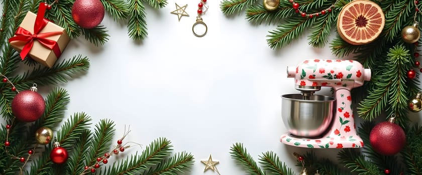Dough mixer with coniferous branches, balls and lights, creating a cozy Christmas atmosphere