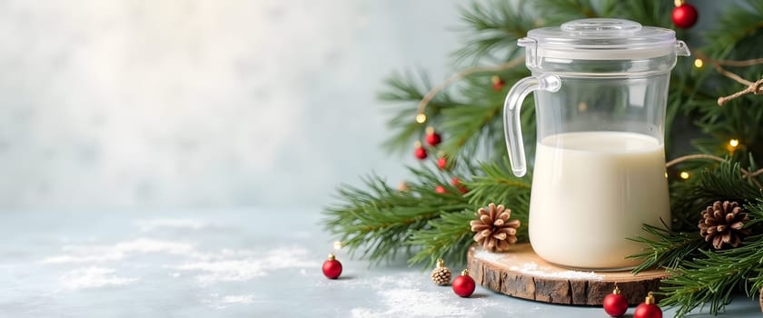 Glass milk jug with coniferous branches, balls and lights, creating a cozy Christmas atmosphere