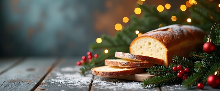 Sliced bread with coniferous branches, balls and lights, creating a cozy Christmas atmosphere