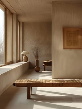 A hardwood bench sits in a building next to a window, adding warmth to the rooms flooring. The rectangular piece is stained for a classic touch, complementing the real estate decor