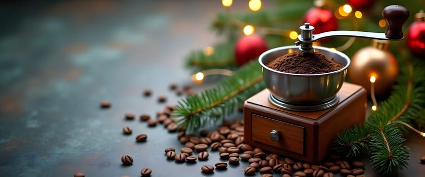 Coffee in a coffee grinder with coniferous branches, balls and lights, creating a cozy Christmas atmosphere