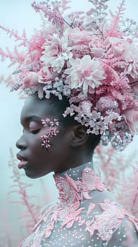 The woman is adorned with a crown of pink flowers in her hair, a beautiful display of natures art. The delicate petals contrast against her magenta dress, making her look happy and radiant