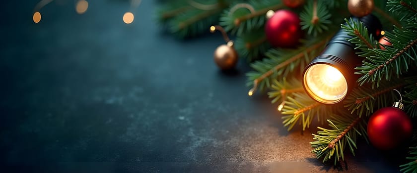 Flashlight with Pine Branches, Ornaments, and Festive Lights Creating a Cozy Christmas Atmosphere
