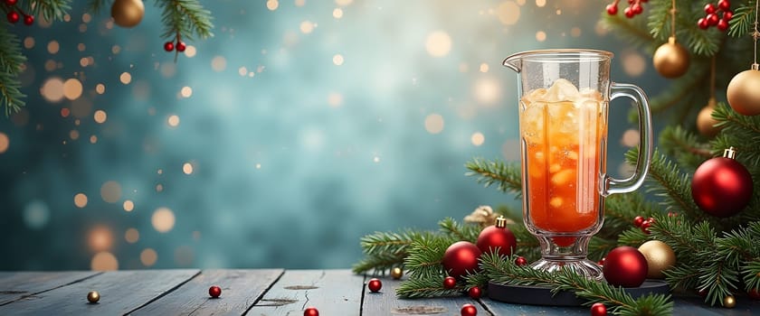 Orange iced drink with coniferous branches, balls and lights, creating a cozy Christmas atmosphere