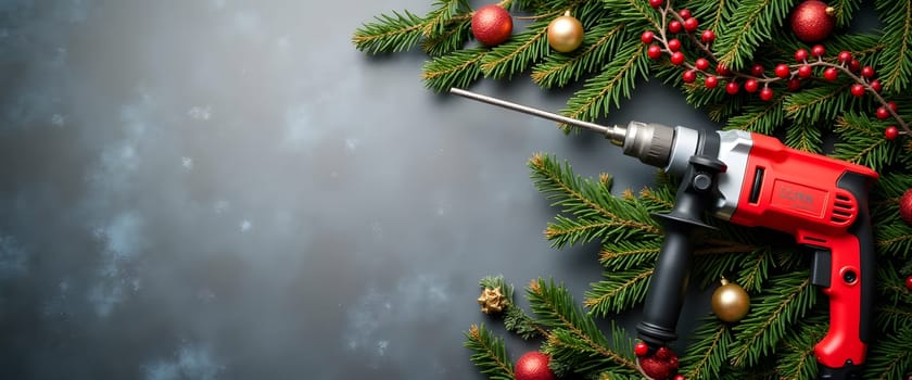 Rotary Hammer with Pine Branches and Festive Lights Creating a Cozy Christmas Atmosphere