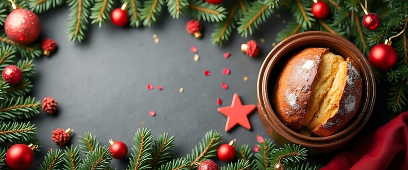 Ruddy bread with coniferous branches, balls and lights, creating a cozy Christmas atmosphere