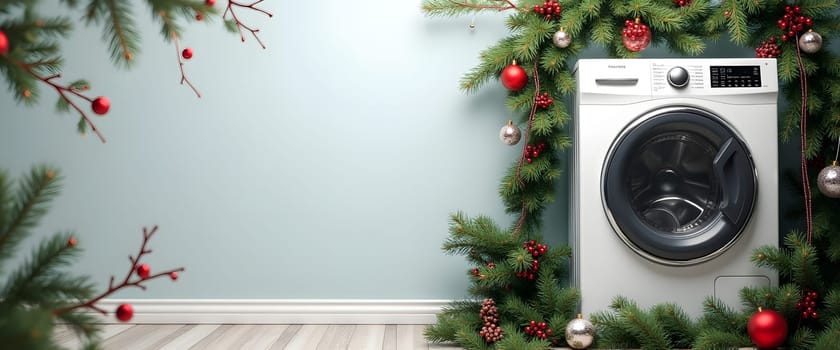 Washing machine with coniferous branches, balls and lights, creating a cozy Christmas atmosphere