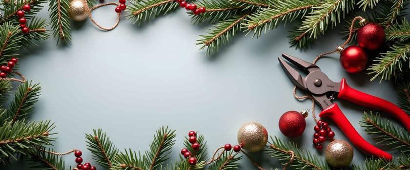 Pliers with Pine Branches and Festive Lights Creating a Cozy Christmas Atmosphere