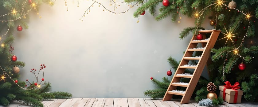 Ladder with Pine Branches and Festive Lights Creating a Cozy Christmas Atmosphere