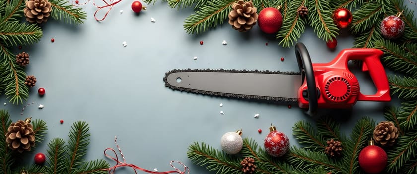 Chainsaw with Pine Branches and Festive Lights Creating a Cozy Christmas Atmosphere