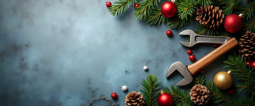 Wrenches with Pine Branches and Festive Lights Creating a Cozy Christmas Atmosphere