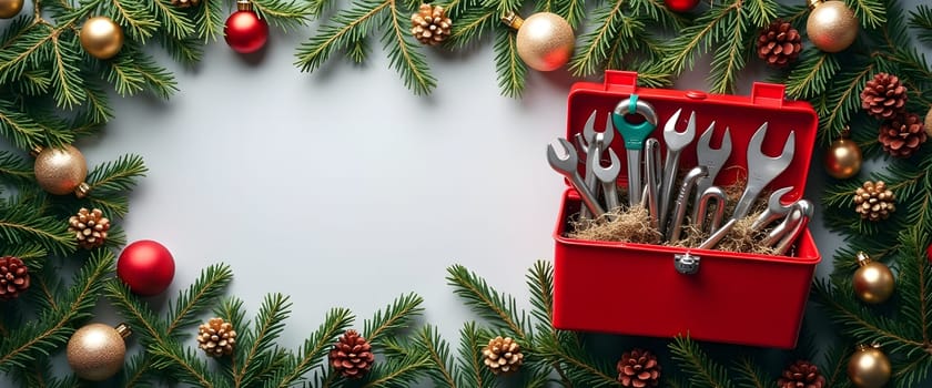 Tool Set with Pine Branches and Festive Lights Creating a Cozy Christmas Atmosphere