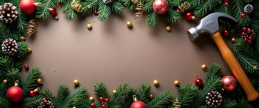 Hammer with Pine Branches and Festive Lights Creating a Cozy Christmas Atmosphere