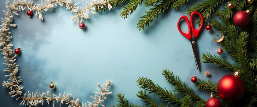 Scissors with Pine Branches and Festive Lights Creating a Cozy Christmas Atmosphere
