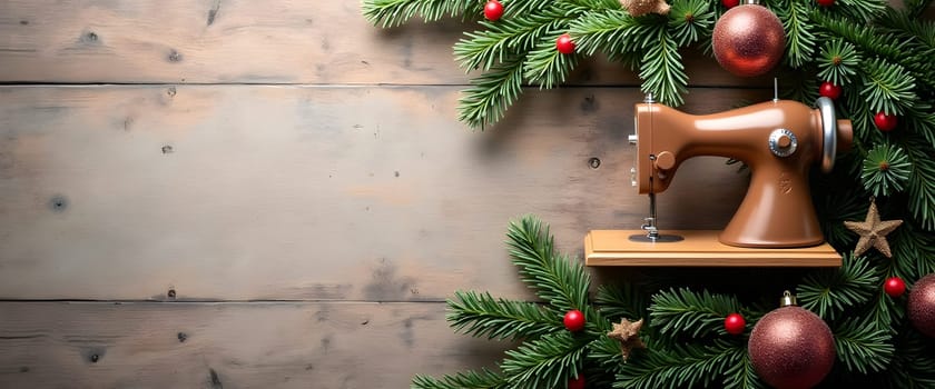 Sewing machine with coniferous branches, balls and lights, creating a cozy Christmas atmosphere