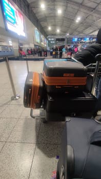 luggage at the airport, large suitcases in the lobby, waiting room, travel objects, tourism. High quality photo