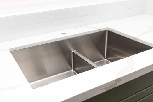 Custom Quartz Marble Countertop, Sink, Faucet Installation at the Kitchen. Green Wooden Cabinets. Plumbing Service. Cozy Home Design. Building Material. Horizontal. Appliances. White Tiles