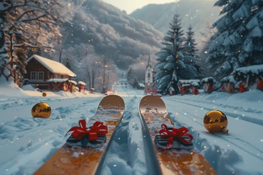 A picturesque winter scene with skis, snow, and festive decorations in a serene landscape, perfect for the season