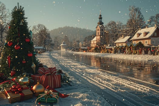 A captivating winter scene that features a beautifully decorated tree, thoughtful gifts, and a serene snowy landscape