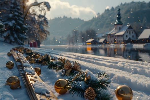 A stunning winter scene featuring snowcovered trees, vibrant holiday decorations beside a peaceful lake