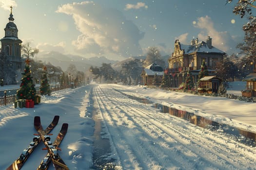 A picturesque winter scene with white snow, skis, and festive decorations in a charming town setting