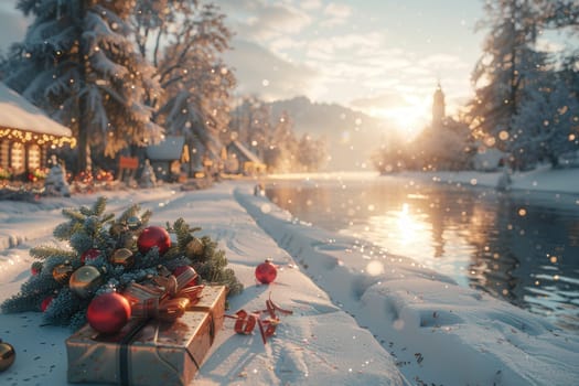 A picturesque snowy scene at sunrise, with Christmas decorations and cheerful gifts beside a tranquil river