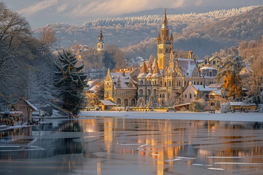 A breathtaking winter scene showcasing a snowcovered town beautifully reflected in a serene, tranquil lake