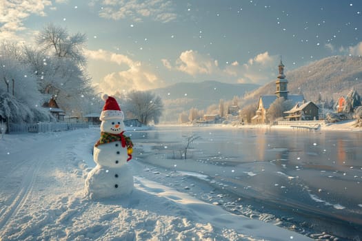 A picturesque winter scene with a cheerful snowman by a frozen river as snow gently falls from the sky