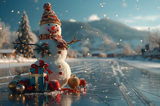 A delightful snowman adorned with festive decorations, surrounded by Christmas gifts in a winter wonderland.