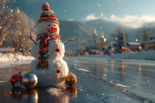 A cheerful, festive snowman delightfully adorned with colorful decorations stands proudly in a snowy, serene landscape