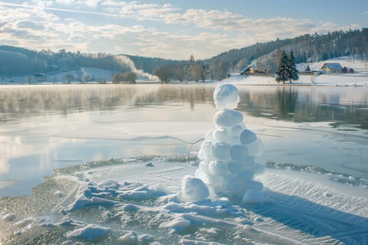 A peaceful, serene winter scene showcases a cheerful snowman standing by a frozen lake beneath a clear beautiful sky
