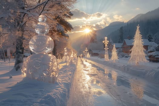A magical winter scene featuring glowing snowmen and trees, reflecting in a snowy pathway at sunset.