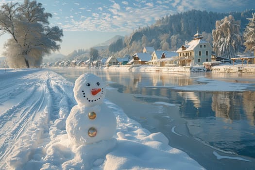 A breathtakingly beautiful winter landscape showcases a cheerful snowman next to a snowy river under a clear blue sky