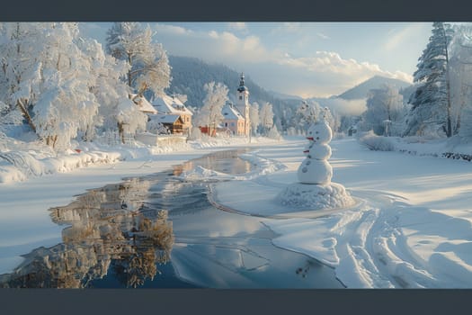 A charming winter scene showcases snowcovered trees, a flowing river, and a delightful snowman in the landscape