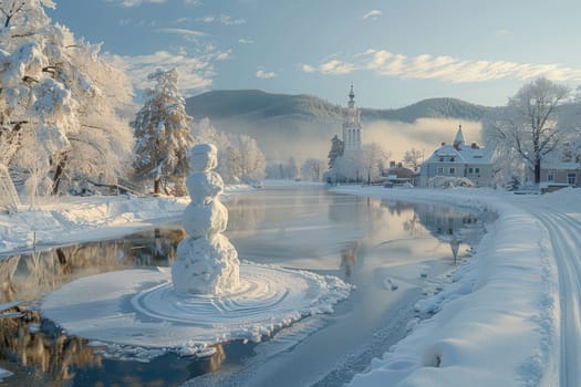 A cheerful snowman near a serene river, surrounded by tall trees blanketed in snow, creates a winter scene