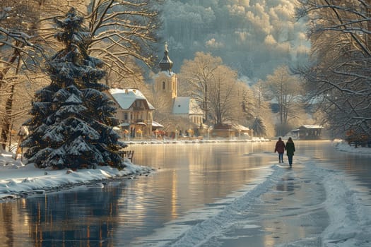A beautiful winter landscape showcasing a serene river, frosted trees, and the cozy ambiance of a charming town