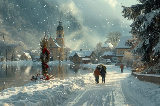 A picturesque snowy village with charming houses, a church, and a serene lake reflecting winter beauty.