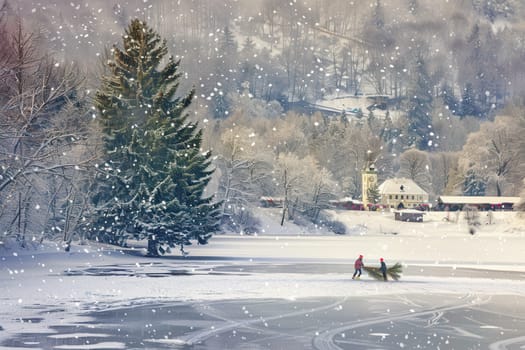 A serene winter scene with snowflakes, skaters, and a picturesque landscape. Perfect for holiday themes.
