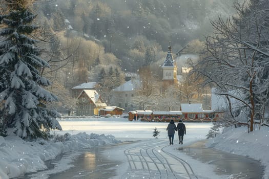 A couple strolls leisurely through a beautiful snowy landscape in an idyllic and serene winter village scenery