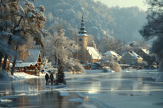 A beautifully picturesque winter scene features a charming snowcovered village alongside a frozen river